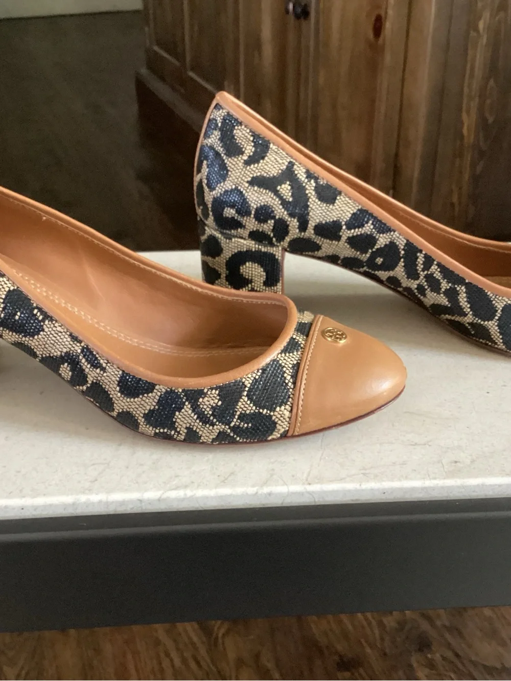Tory Burch Leopard-Print Block Heel Pumps in Black and Brown